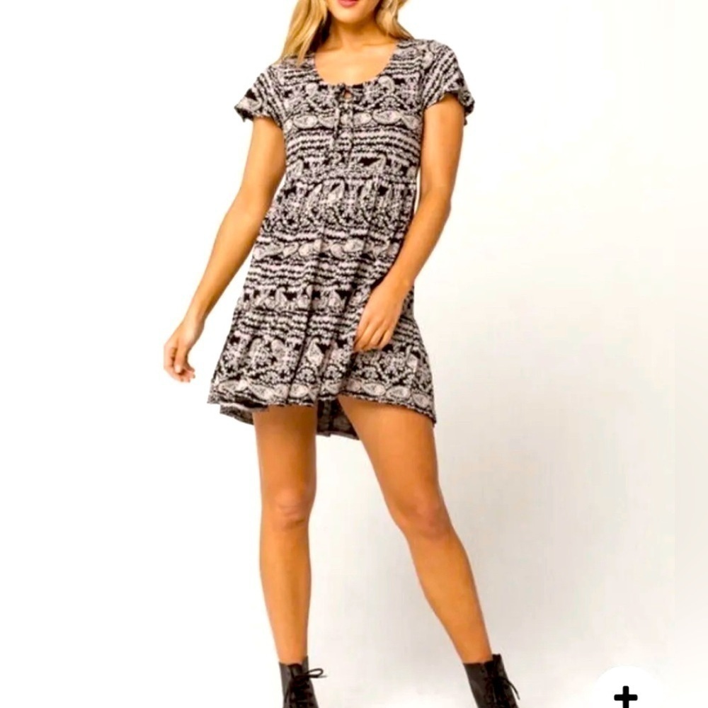 Patrons of Peace Floral Paisley Button Up Mini Dress Navy Blue Boho Hippie EUC